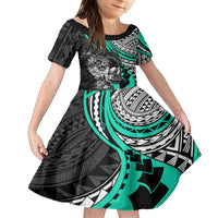 Personalised Polynesia Skull Family Matching Off Shoulder Maxi Dress and Hawaiian Shirt Tattoo In The Style Of Maori With Marine Life Aqua LT9 Daughter's Dress Aqua - Polynesian Pride