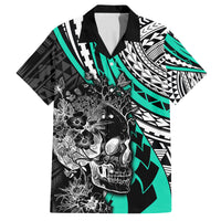 Personalised Polynesia Skull Family Matching Off Shoulder Maxi Dress and Hawaiian Shirt Tattoo In The Style Of Maori With Marine Life Aqua LT9 Dad's Shirt - Short Sleeve Aqua - Polynesian Pride