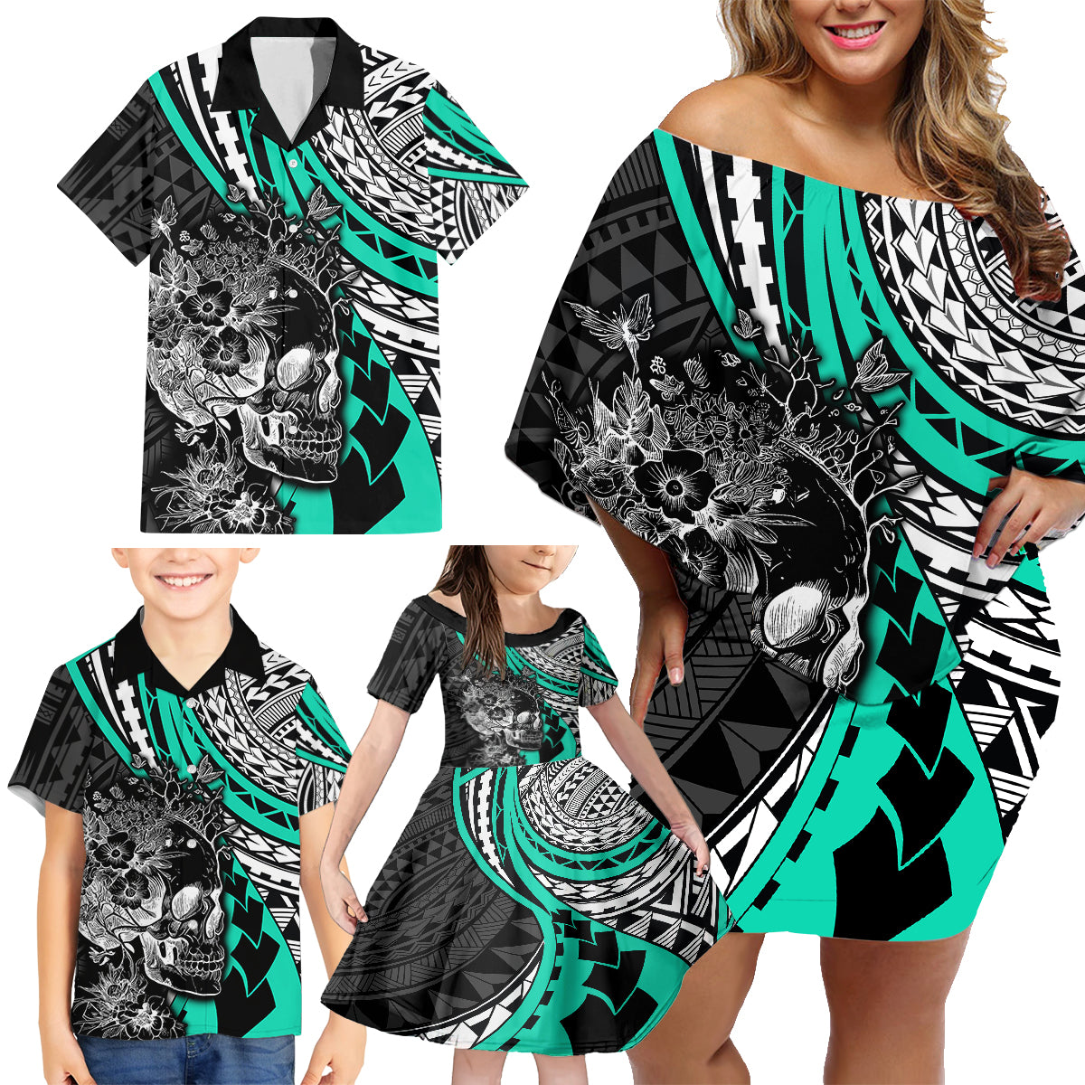 Personalised Polynesia Skull Family Matching Off Shoulder Short Dress and Hawaiian Shirt Tattoo In The Style Of Maori With Marine Life Aqua LT9 - Polynesian Pride