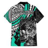 Personalised Polynesia Skull Family Matching Off Shoulder Short Dress and Hawaiian Shirt Tattoo In The Style Of Maori With Marine Life Aqua LT9 - Polynesian Pride
