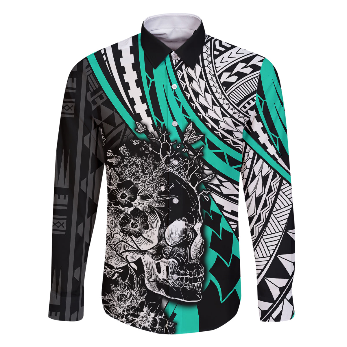 Personalised Polynesia Skull Family Matching Off Shoulder Short Dress and Hawaiian Shirt Tattoo In The Style Of Maori With Marine Life Aqua LT9 Dad's Shirt - Long Sleeve Aqua - Polynesian Pride