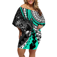 Personalised Polynesia Skull Family Matching Off Shoulder Short Dress and Hawaiian Shirt Tattoo In The Style Of Maori With Marine Life Aqua LT9 Mom's Dress Aqua - Polynesian Pride