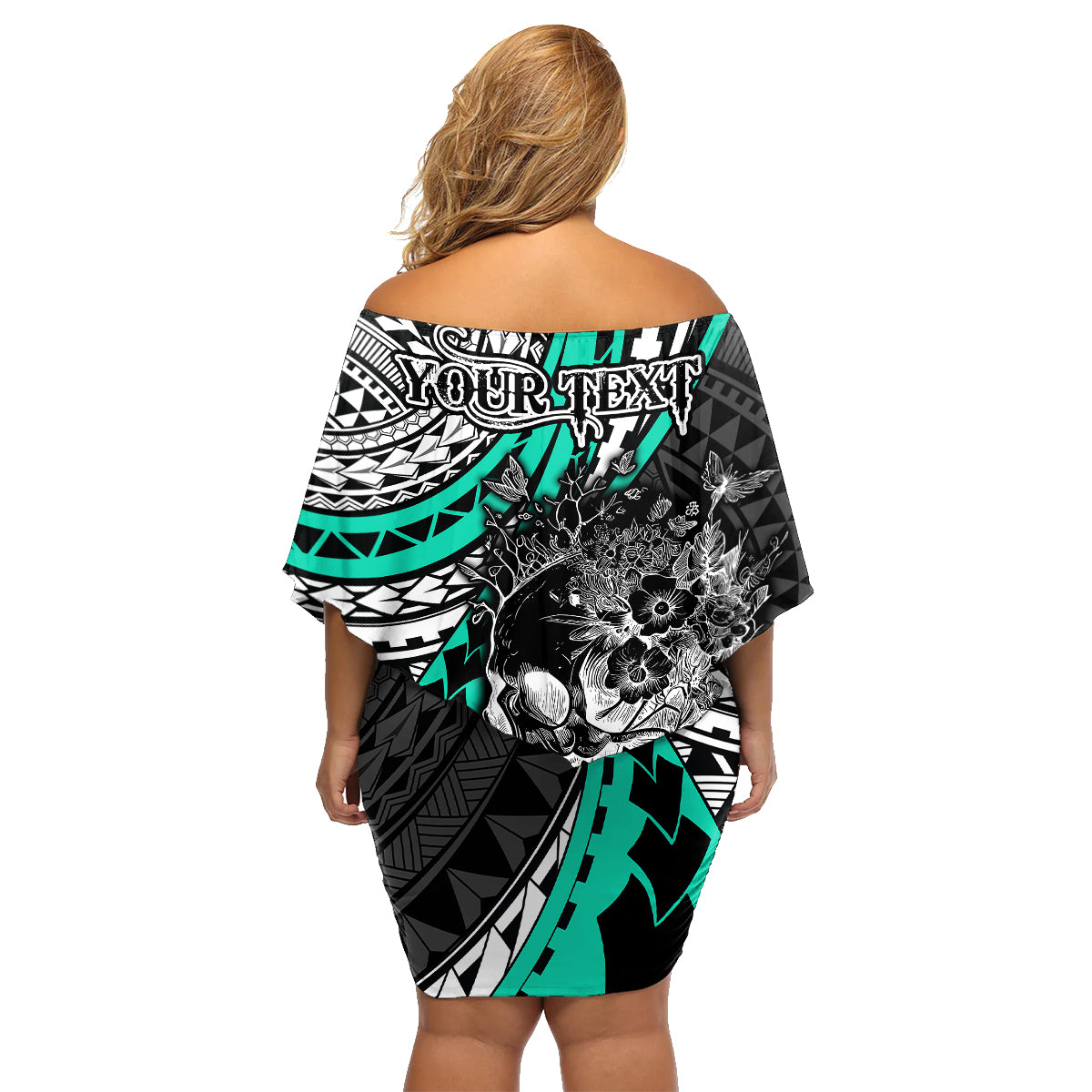 Personalised Polynesia Skull Family Matching Off Shoulder Short Dress and Hawaiian Shirt Tattoo In The Style Of Maori With Marine Life Aqua LT9 - Polynesian Pride