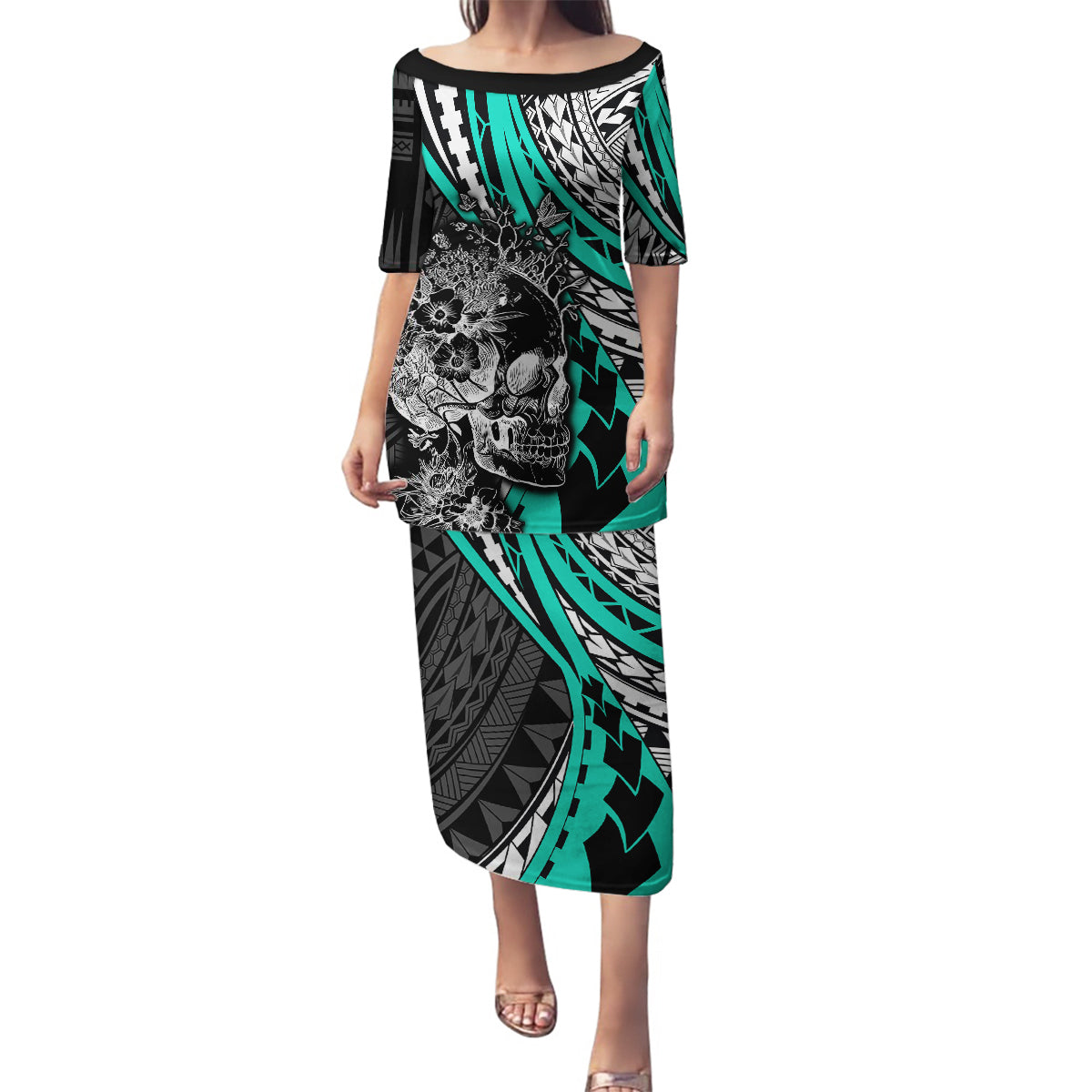 Personalised Polynesia Skull Family Matching Puletasi Dress and Hawaiian Shirt Tattoo In The Style Of Maori With Marine Life Aqua LT9 Mom's Dress Aqua - Polynesian Pride