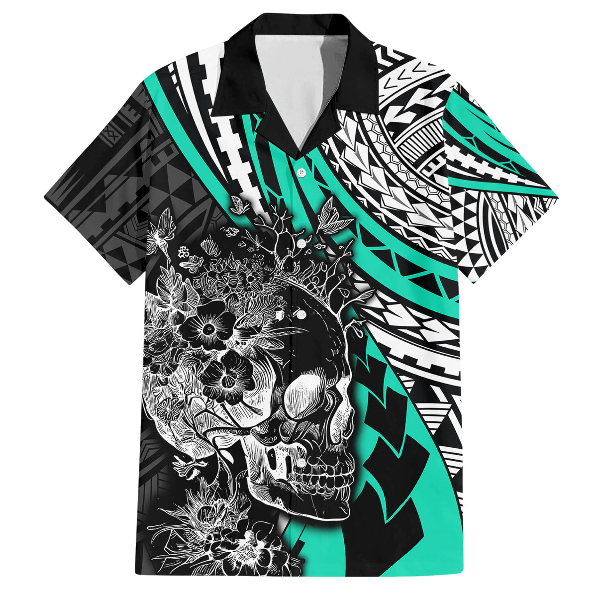 Personalised Polynesia Skull Family Matching Short Sleeve Bodycon Dress and Hawaiian Shirt Tattoo In The Style Of Maori With Marine Life Aqua LT9 Dad's Shirt - Short Sleeve Aqua - Polynesian Pride