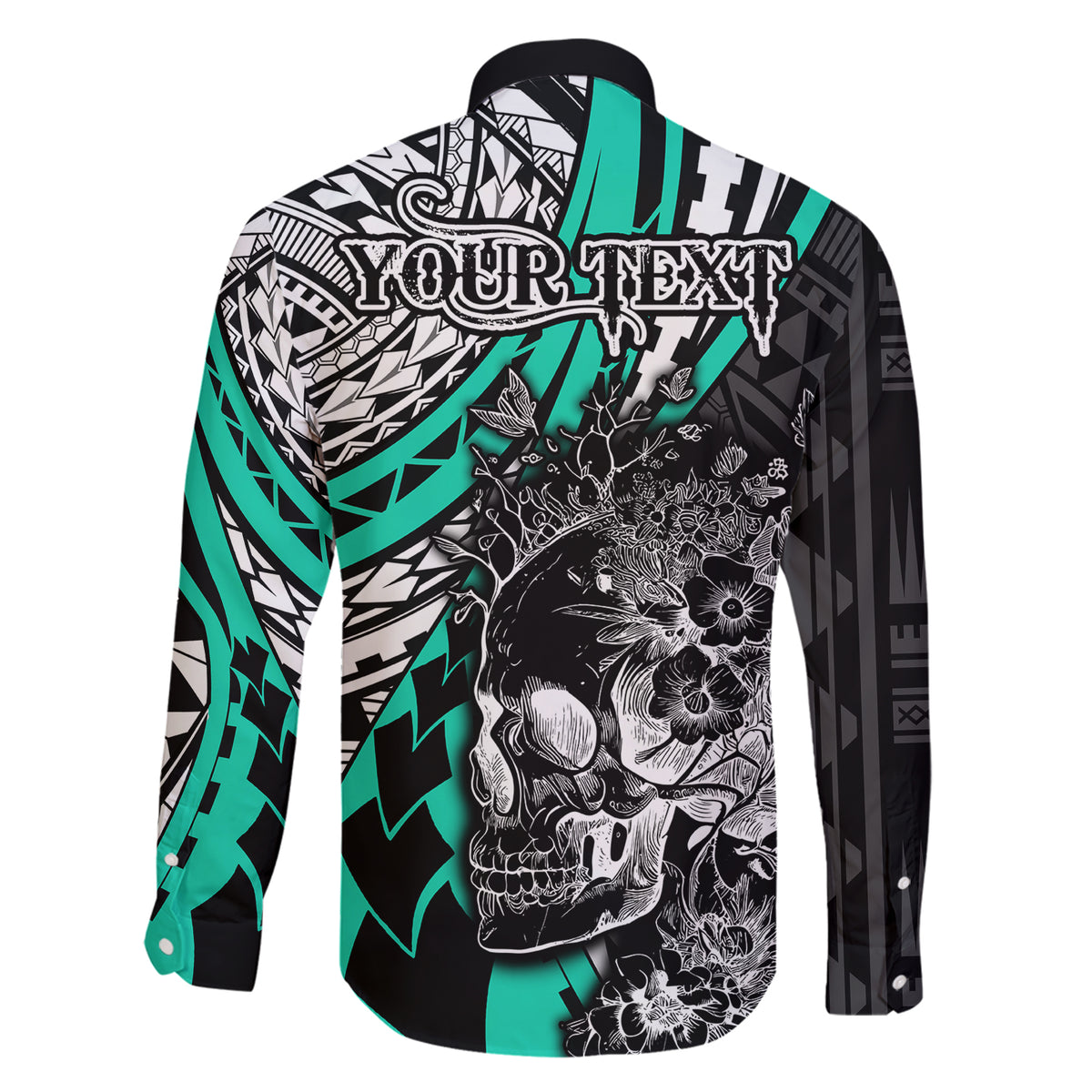 Personalised Polynesia Skull Family Matching Short Sleeve Bodycon Dress and Hawaiian Shirt Tattoo In The Style Of Maori With Marine Life Aqua LT9 - Polynesian Pride