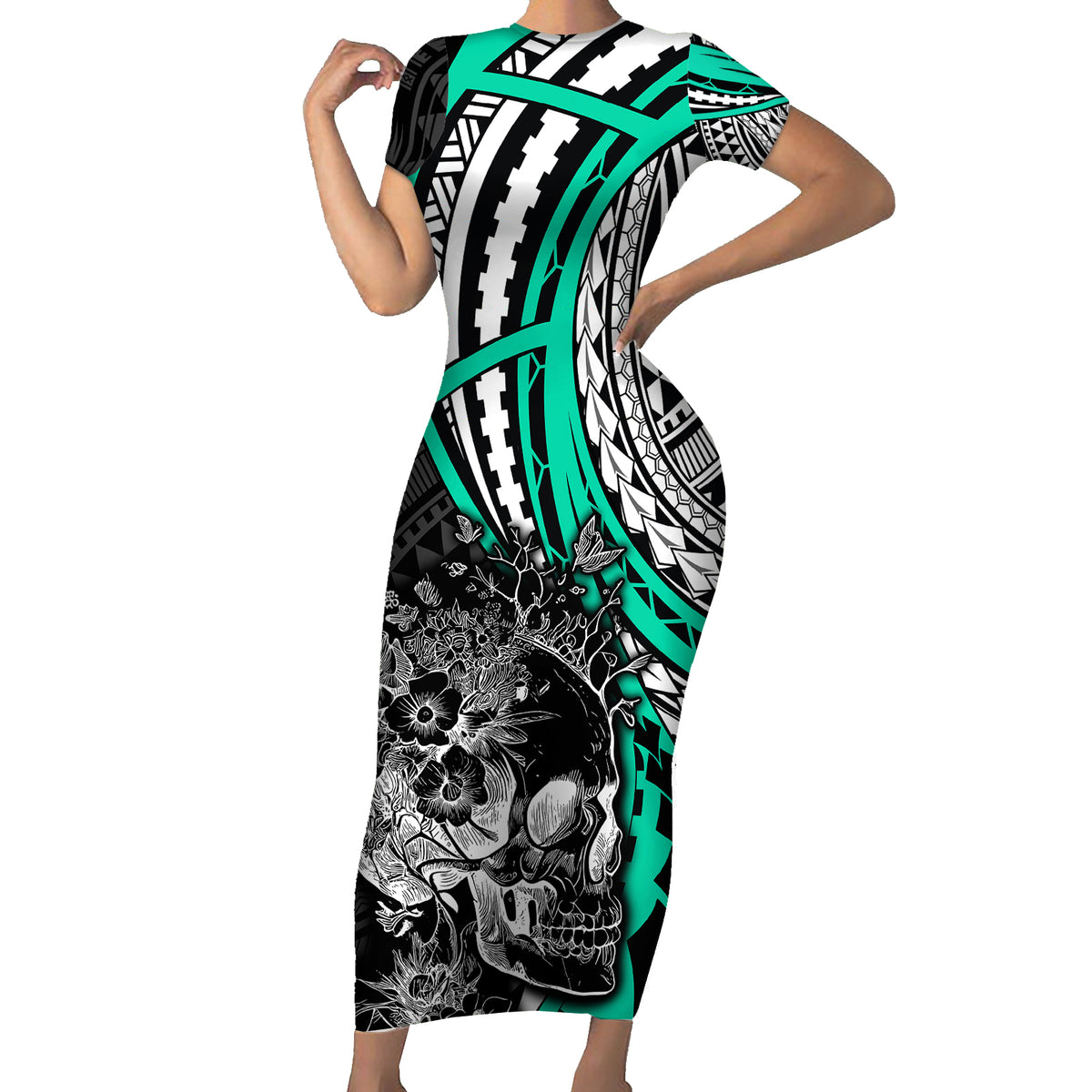 Personalised Polynesia Skull Family Matching Short Sleeve Bodycon Dress and Hawaiian Shirt Tattoo In The Style Of Maori With Marine Life Aqua LT9 Mom's Dress Aqua - Polynesian Pride