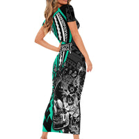 Personalised Polynesia Skull Family Matching Short Sleeve Bodycon Dress and Hawaiian Shirt Tattoo In The Style Of Maori With Marine Life Aqua LT9 - Polynesian Pride