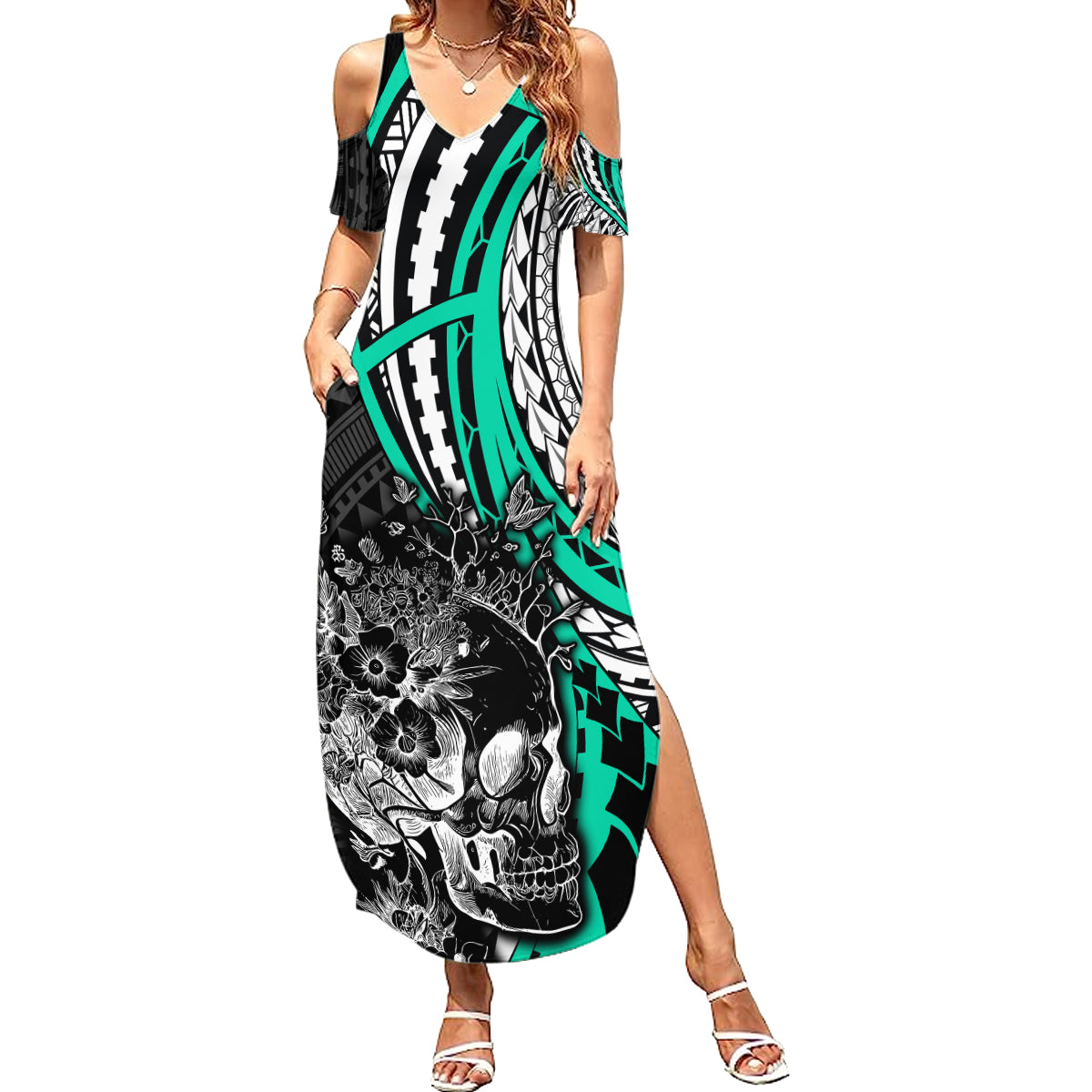 Personalised Polynesia Skull Family Matching Summer Maxi Dress and Hawaiian Shirt Tattoo In The Style Of Maori With Marine Life Aqua LT9 Mom's Dress Aqua - Polynesian Pride
