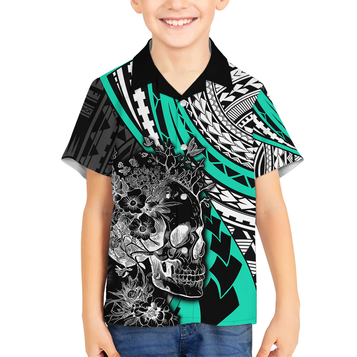 Personalised Polynesia Skull Family Matching Summer Maxi Dress and Hawaiian Shirt Tattoo In The Style Of Maori With Marine Life Aqua LT9 Son's Shirt Aqua - Polynesian Pride