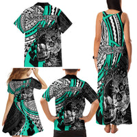 Personalised Polynesia Skull Family Matching Tank Maxi Dress and Hawaiian Shirt Tattoo In The Style Of Maori With Marine Life Aqua LT9 - Polynesian Pride