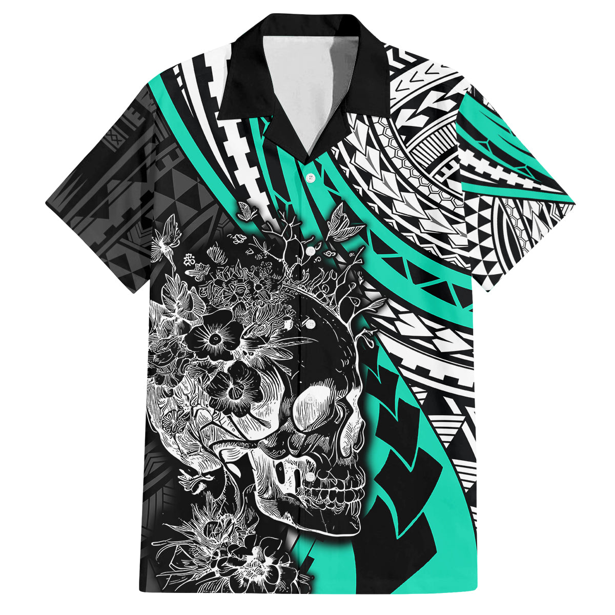 Personalised Polynesia Skull Family Matching Tank Maxi Dress and Hawaiian Shirt Tattoo In The Style Of Maori With Marine Life Aqua LT9 Dad's Shirt - Short Sleeve Aqua - Polynesian Pride
