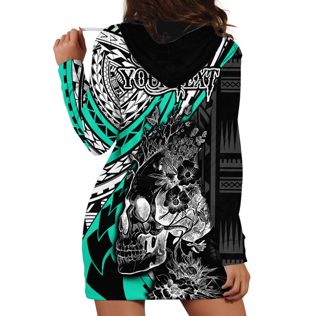 Personalised Polynesia Skull Hoodie Dress Tattoo In The Style Of Maori With Marine Life Aqua LT9 - Polynesian Pride