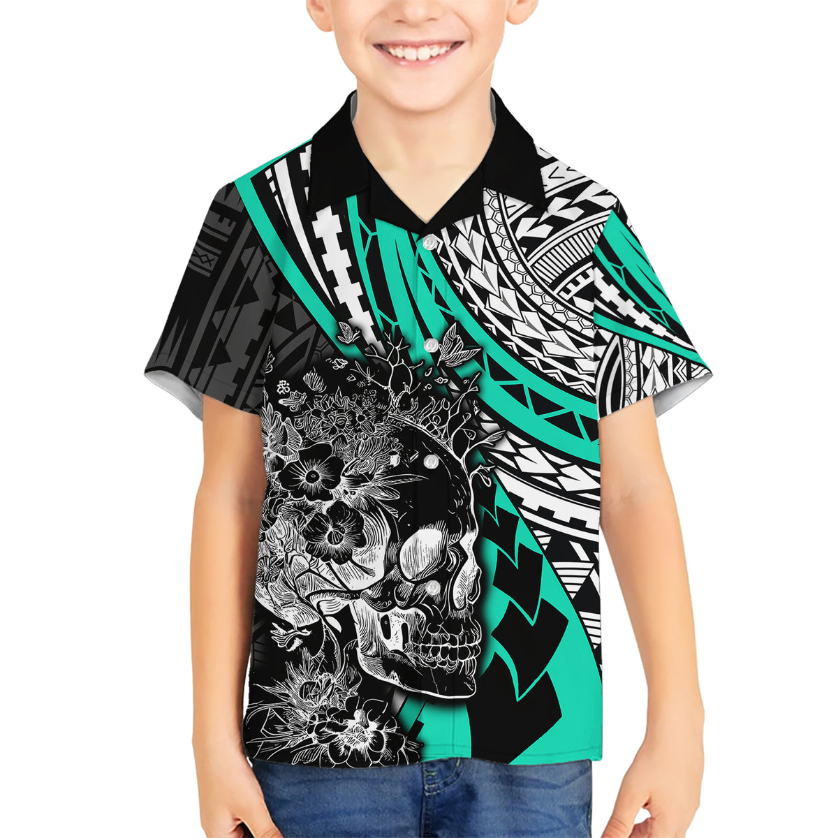 Personalised Polynesia Skull Kid Hawaiian Shirt Tattoo In The Style Of Maori With Marine Life Aqua LT9 Kid Aqua - Polynesian Pride