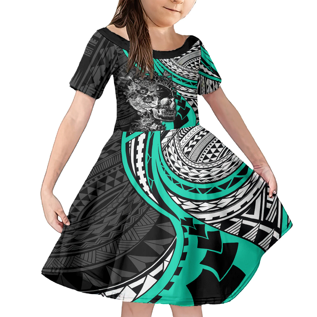 Personalised Polynesia Skull Kid Short Sleeve Dress Tattoo In The Style Of Maori With Marine Life Aqua LT9 KID Aqua - Polynesian Pride