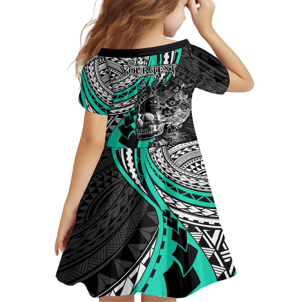 Personalised Polynesia Skull Kid Short Sleeve Dress Tattoo In The Style Of Maori With Marine Life Aqua LT9 - Polynesian Pride