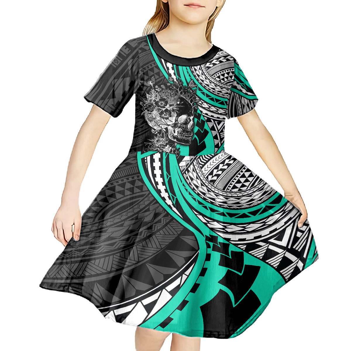 Personalised Polynesia Skull Kid Short Sleeve Dress Tattoo In The Style Of Maori With Marine Life Aqua LT9 - Polynesian Pride