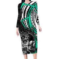 Personalised Polynesia Skull Long Sleeve Bodycon Dress Tattoo In The Style Of Maori With Marine Life Aqua LT9 Long Dress Aqua - Polynesian Pride