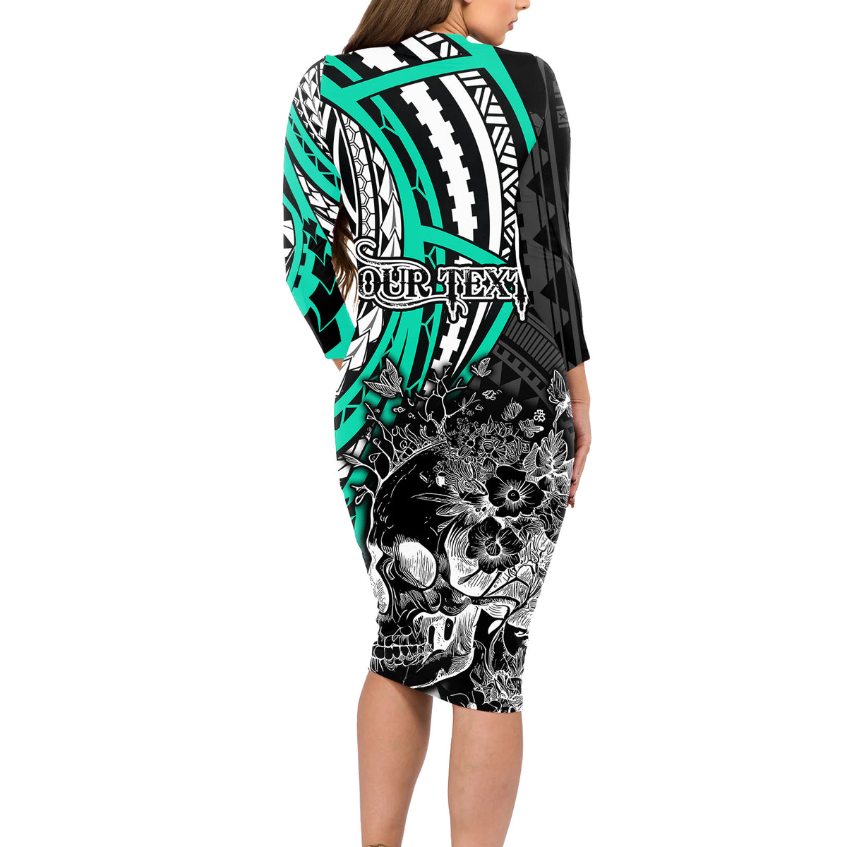 Personalised Polynesia Skull Long Sleeve Bodycon Dress Tattoo In The Style Of Maori With Marine Life Aqua LT9 - Polynesian Pride