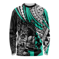 Personalised Polynesia Skull Long Sleeve Shirt Tattoo In The Style Of Maori With Marine Life Aqua LT9 Unisex Aqua - Polynesian Pride