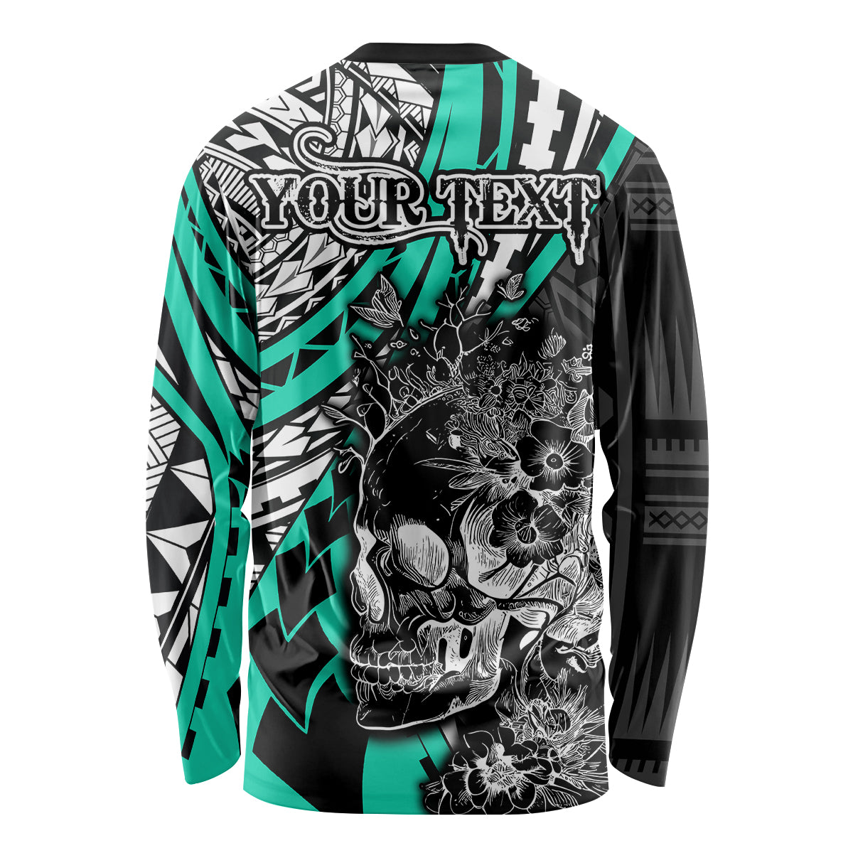 Personalised Polynesia Skull Long Sleeve Shirt Tattoo In The Style Of Maori With Marine Life Aqua LT9 - Polynesian Pride