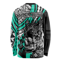 Personalised Polynesia Skull Long Sleeve Shirt Tattoo In The Style Of Maori With Marine Life Aqua LT9 - Polynesian Pride