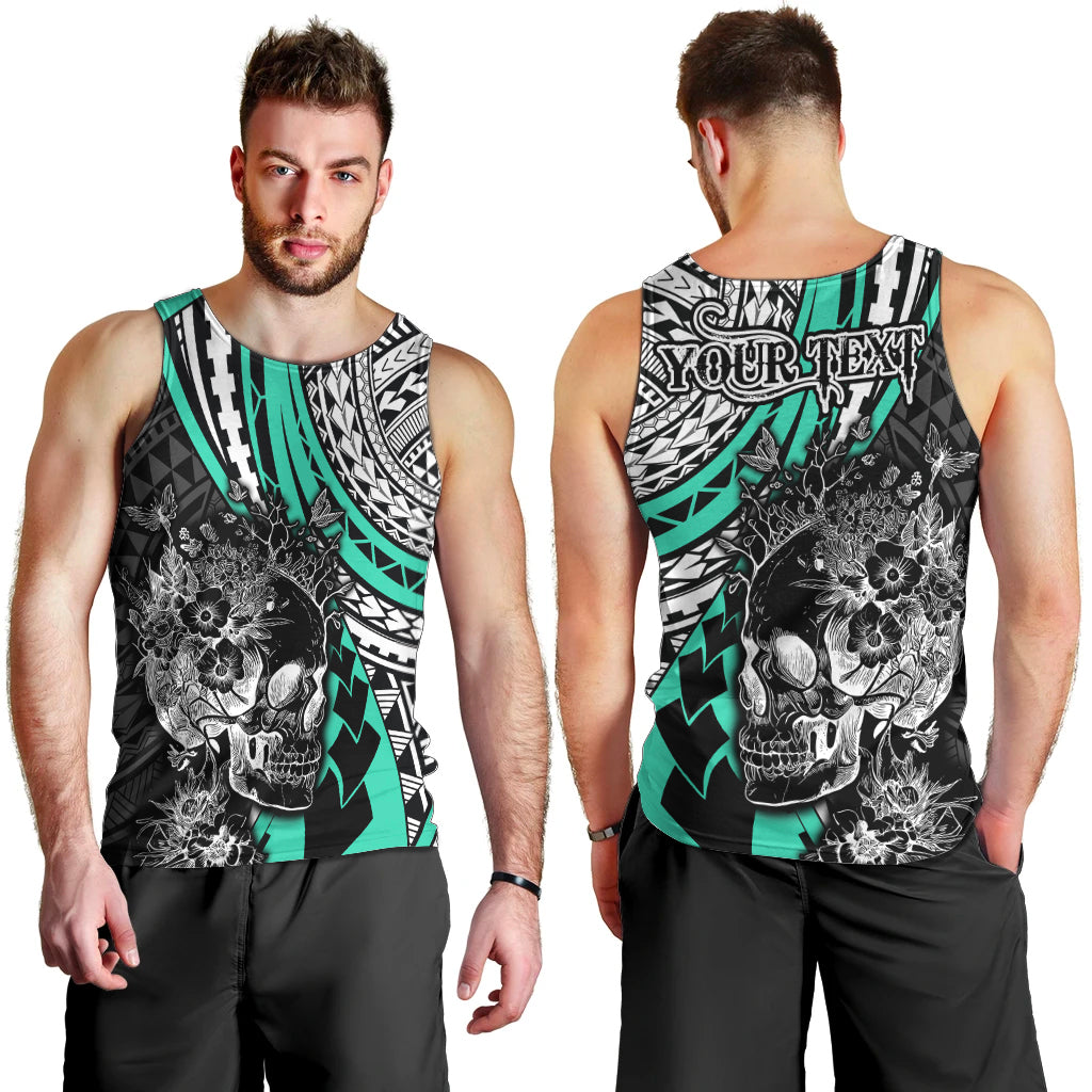Personalised Polynesia Skull Men Tank Top Tattoo In The Style Of Maori With Marine Life Aqua LT9 - Polynesian Pride
