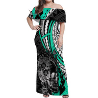 Personalised Polynesia Skull Off Shoulder Maxi Dress Tattoo In The Style Of Maori With Marine Life Aqua LT9 Women Aqua - Polynesian Pride