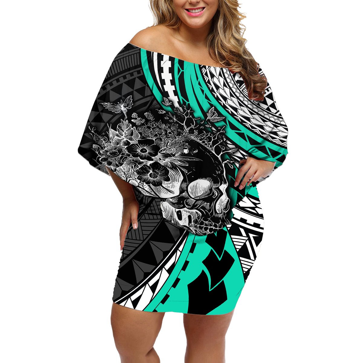 Personalised Polynesia Skull Off Shoulder Short Dress Tattoo In The Style Of Maori With Marine Life Aqua LT9 Women Aqua - Polynesian Pride