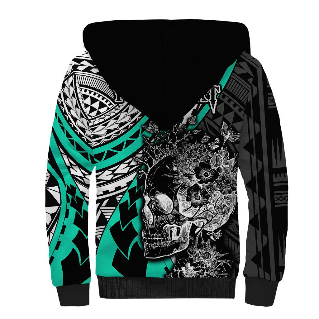 Personalised Polynesia Skull Sherpa Hoodie Tattoo In The Style Of Maori With Marine Life Aqua LT9 - Polynesian Pride