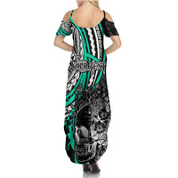 Personalised Polynesia Skull Summer Maxi Dress Tattoo In The Style Of Maori With Marine Life Aqua LT9 - Polynesian Pride