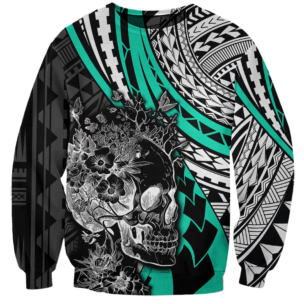 Personalised Polynesia Skull Sweatshirt Tattoo In The Style Of Maori With Marine Life Aqua LT9 Unisex Aqua - Polynesian Pride