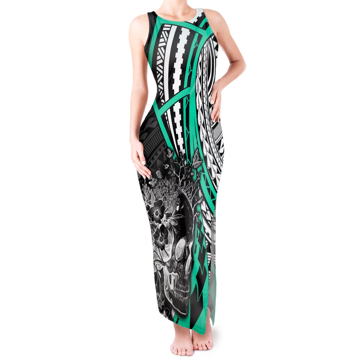 Personalised Polynesia Skull Tank Maxi Dress Tattoo In The Style Of Maori With Marine Life Aqua LT9 Women Aqua - Polynesian Pride