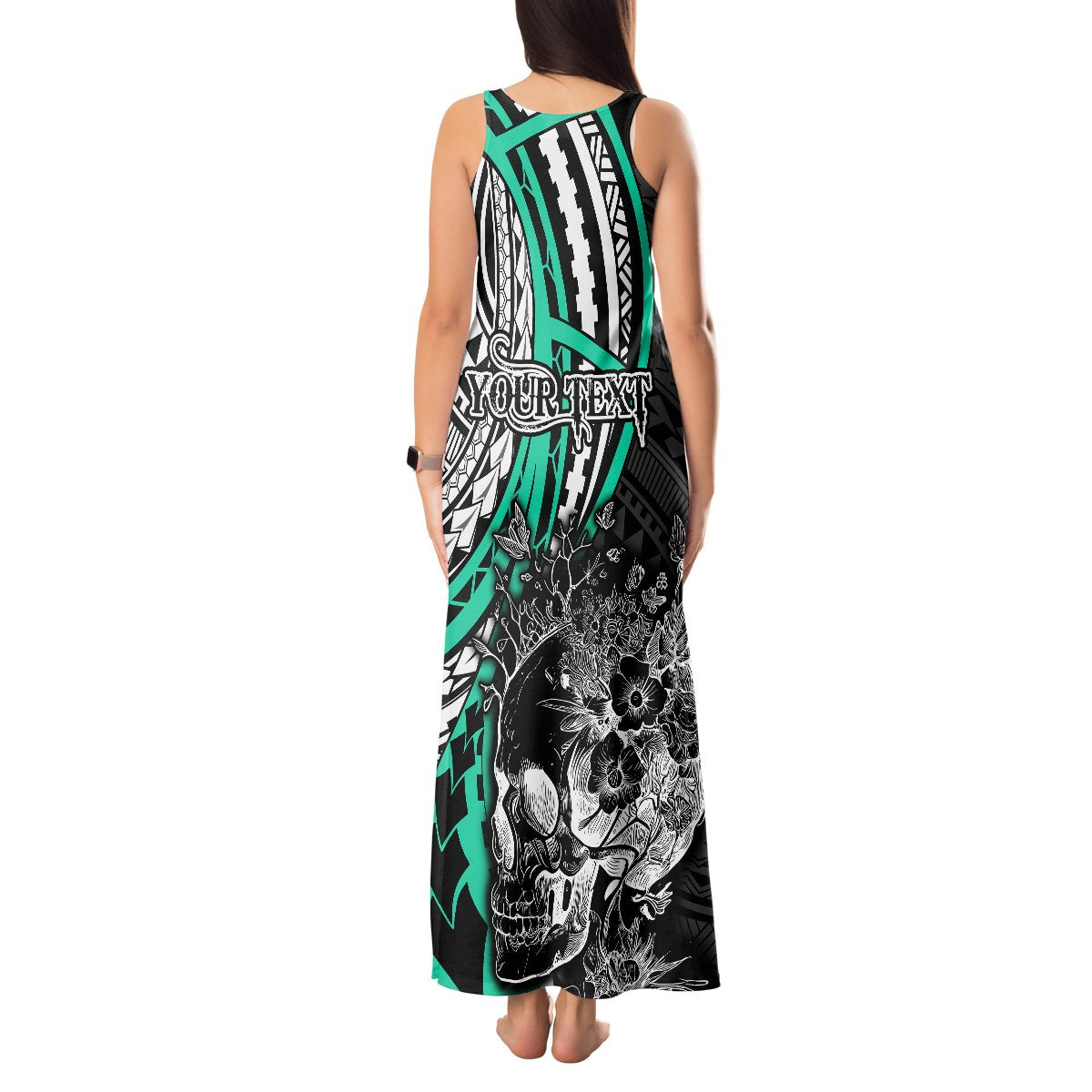 Personalised Polynesia Skull Tank Maxi Dress Tattoo In The Style Of Maori With Marine Life Aqua LT9 - Polynesian Pride