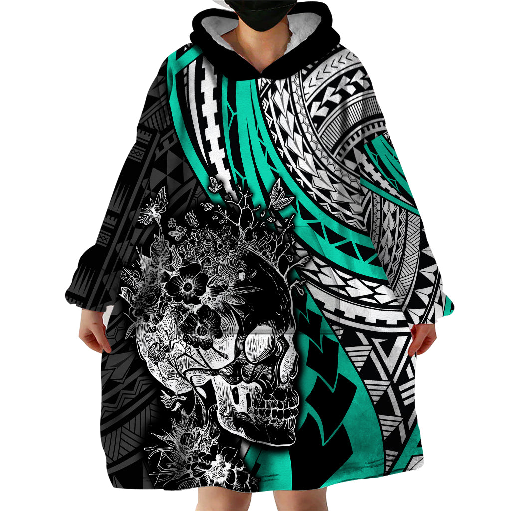 Personalised Polynesia Skull Wearable Blanket Hoodie Tattoo In The Style Of Maori With Marine Life Aqua LT9 - Polynesian Pride