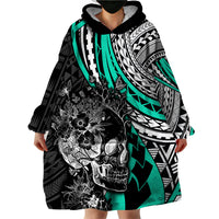 Personalised Polynesia Skull Wearable Blanket Hoodie Tattoo In The Style Of Maori With Marine Life Aqua LT9 - Polynesian Pride