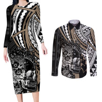 Personalised Polynesia Skull Couples Matching Long Sleeve Bodycon Dress and Long Sleeve Button Shirts Tattoo In The Style Of Maori With Marine Life Gold LT9 Gold - Polynesian Pride