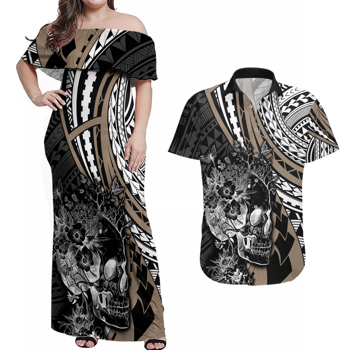 Personalised Polynesia Skull Couples Matching Off Shoulder Maxi Dress and Hawaiian Shirt Tattoo In The Style Of Maori With Marine Life Gold LT9 Gold - Polynesian Pride