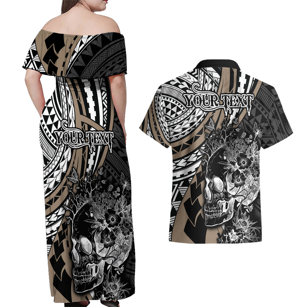 Personalised Polynesia Skull Couples Matching Off Shoulder Maxi Dress and Hawaiian Shirt Tattoo In The Style Of Maori With Marine Life Gold LT9 - Polynesian Pride