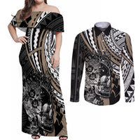 Personalised Polynesia Skull Couples Matching Off Shoulder Maxi Dress and Long Sleeve Button Shirts Tattoo In The Style Of Maori With Marine Life Gold LT9 Gold - Polynesian Pride
