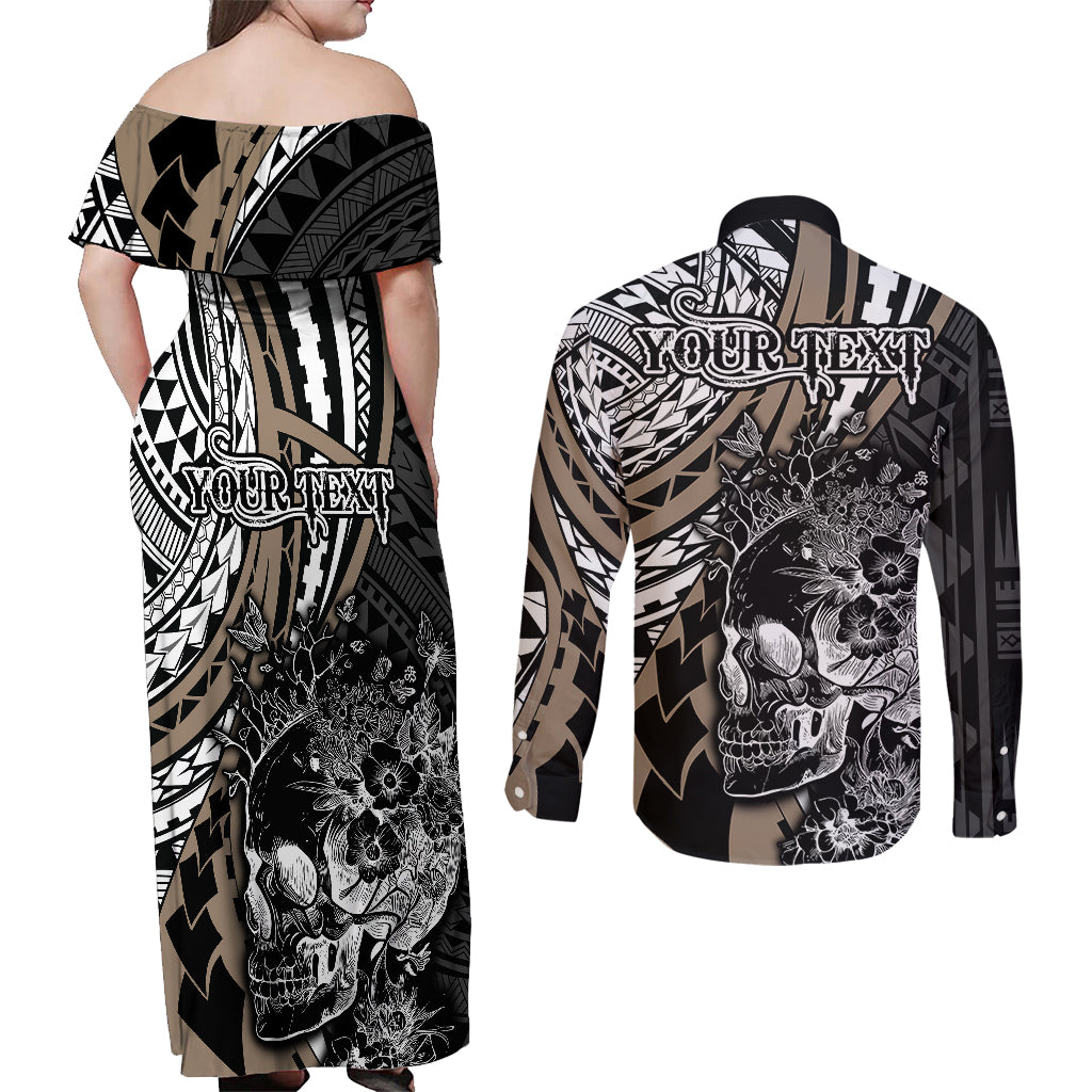 Personalised Polynesia Skull Couples Matching Off Shoulder Maxi Dress and Long Sleeve Button Shirts Tattoo In The Style Of Maori With Marine Life Gold LT9 - Polynesian Pride