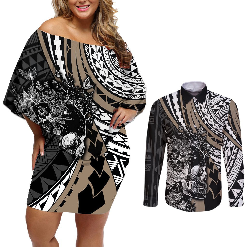 personalised-polynesia-skull-couples-matching-off-shoulder-short-dress-and-long-sleeve-button-shirts-tattoo-in-the-style-of-maori-with-marine-life-gold