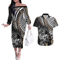 Personalised Polynesia Skull Couples Matching Off The Shoulder Long Sleeve Dress and Hawaiian Shirt Tattoo In The Style Of Maori With Marine Life Gold LT9 Gold - Polynesian Pride