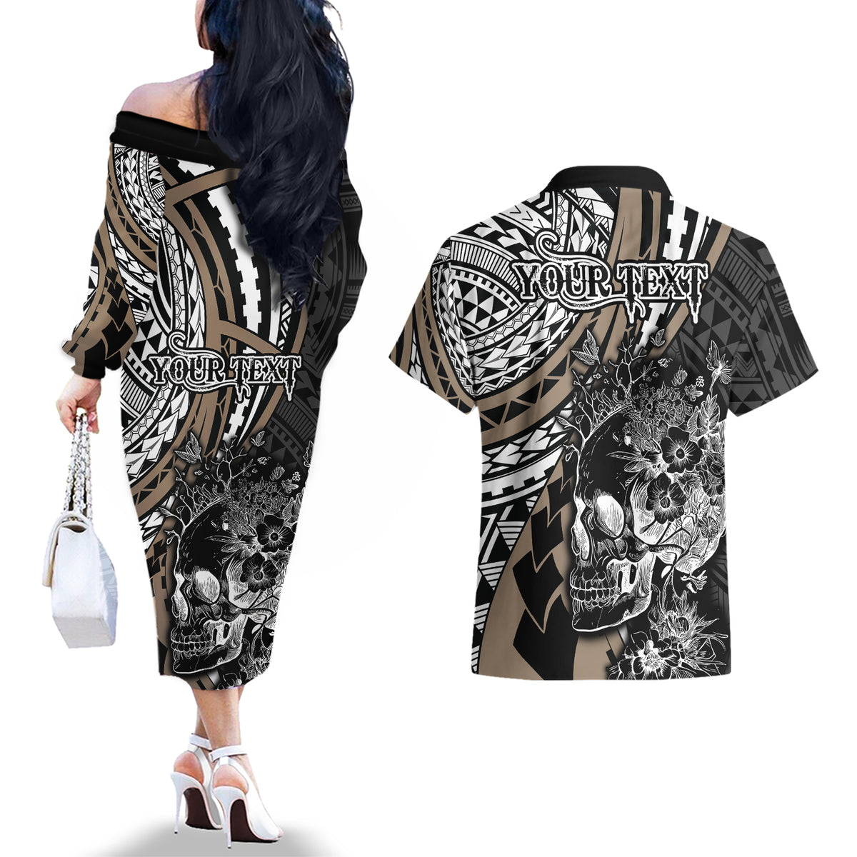 Personalised Polynesia Skull Couples Matching Off The Shoulder Long Sleeve Dress and Hawaiian Shirt Tattoo In The Style Of Maori With Marine Life Gold LT9 - Polynesian Pride
