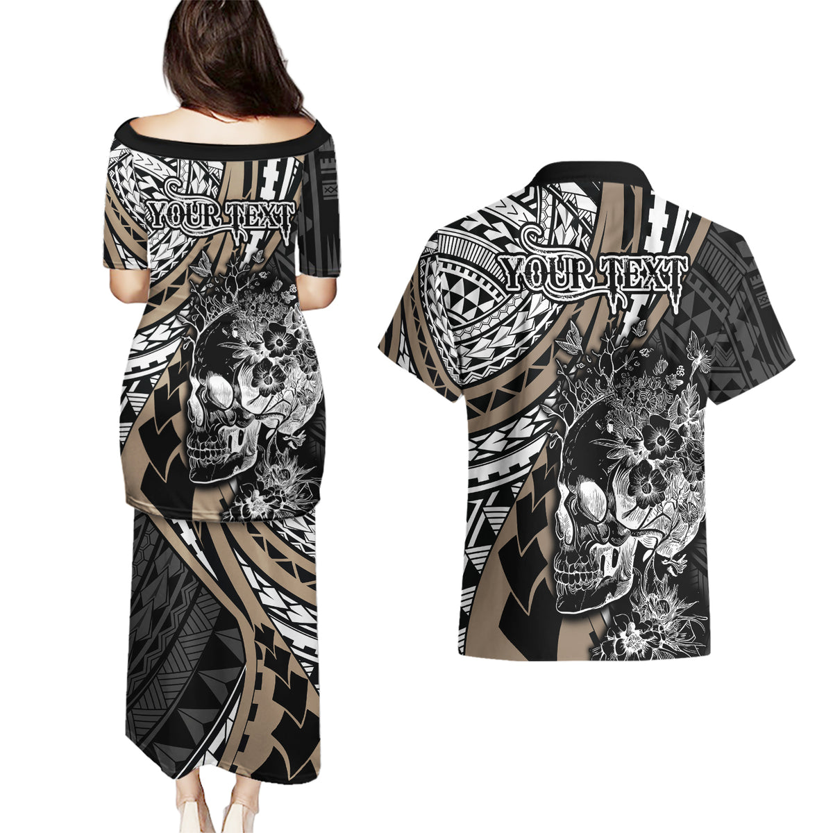 Personalised Polynesia Skull Couples Matching Puletasi Dress and Hawaiian Shirt Tattoo In The Style Of Maori With Marine Life Gold LT9 - Polynesian Pride