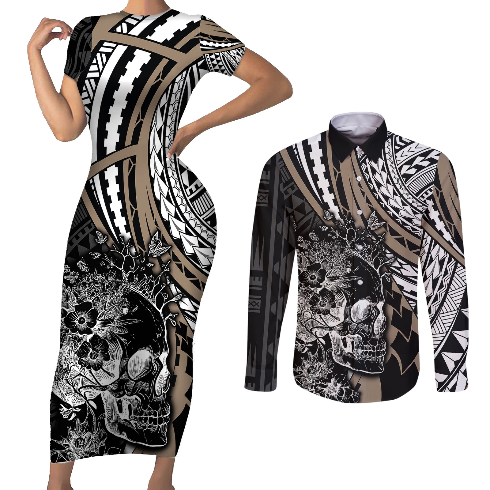 personalised-polynesia-skull-couples-matching-short-sleeve-bodycon-dress-and-long-sleeve-button-shirts-tattoo-in-the-style-of-maori-with-marine-life-gold