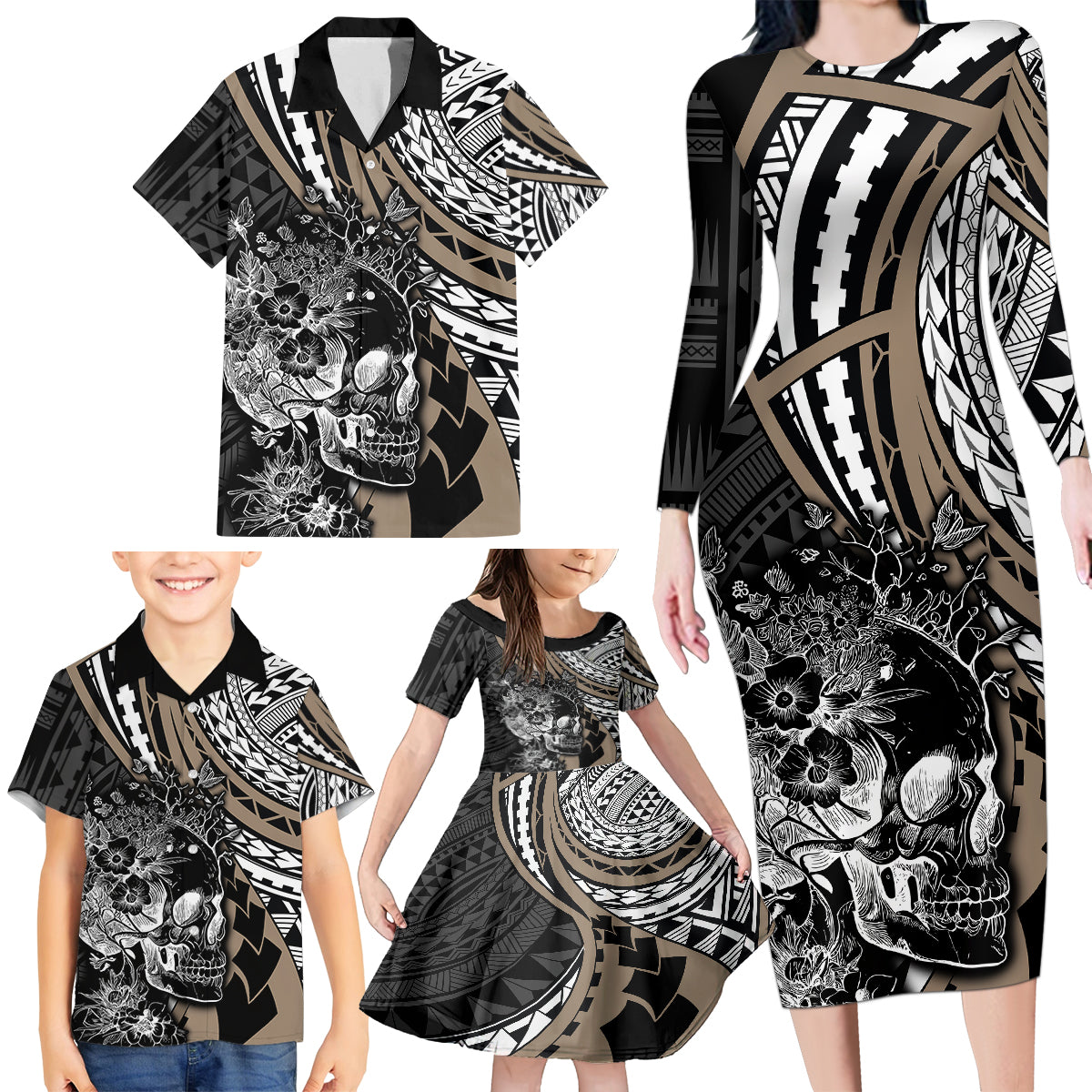 Personalised Polynesia Skull Family Matching Long Sleeve Bodycon Dress and Hawaiian Shirt Tattoo In The Style Of Maori With Marine Life Gold LT9 - Polynesian Pride