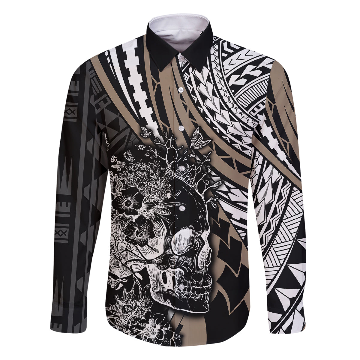 Personalised Polynesia Skull Family Matching Long Sleeve Bodycon Dress and Hawaiian Shirt Tattoo In The Style Of Maori With Marine Life Gold LT9 Dad's Shirt - Long Sleeve Gold - Polynesian Pride