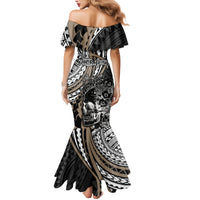Personalised Polynesia Skull Family Matching Mermaid Dress and Hawaiian Shirt Tattoo In The Style Of Maori With Marine Life Gold LT9 - Polynesian Pride