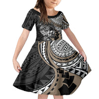 Personalised Polynesia Skull Family Matching Off Shoulder Long Sleeve Dress and Hawaiian Shirt Tattoo In The Style Of Maori With Marine Life Gold LT9 Daughter's Dress Gold - Polynesian Pride